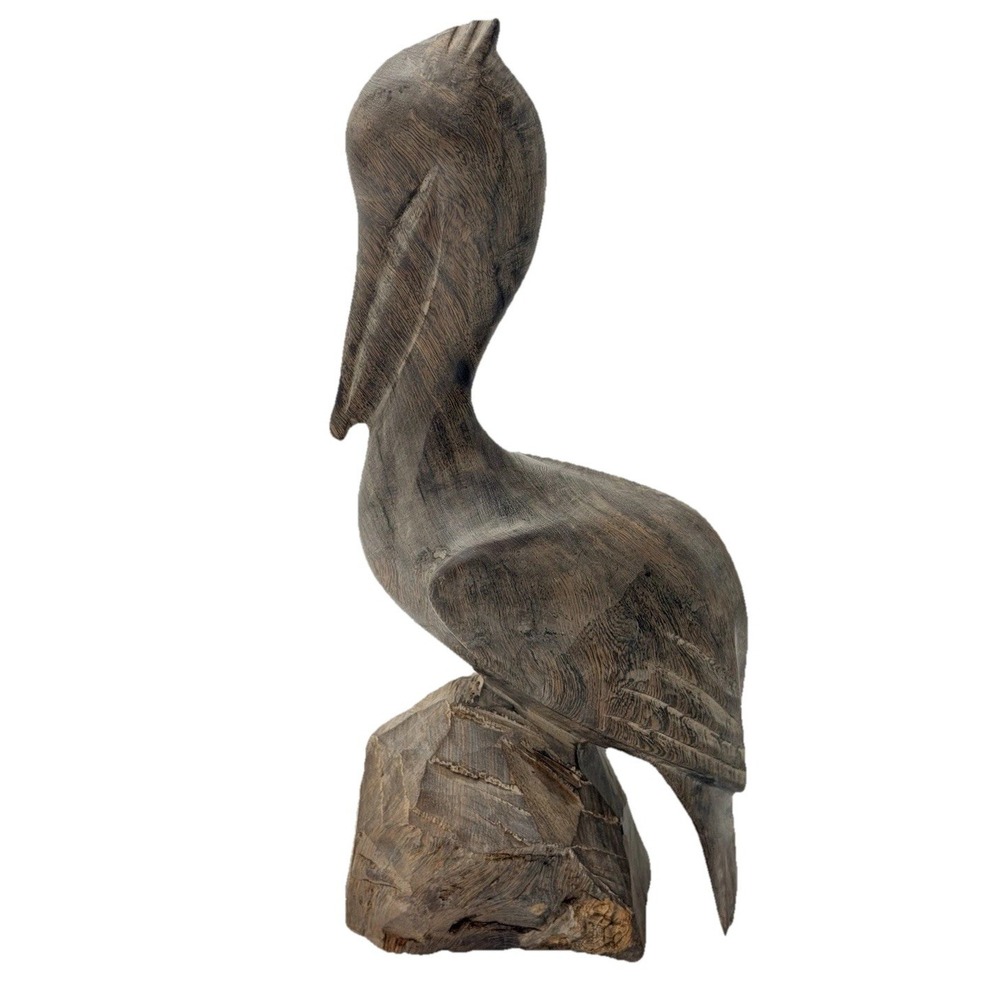 Hand Carved Wood Pelican Bird Statue Figure Nautical Coastal Folk Art Decor 14"